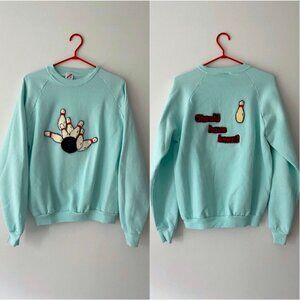 90s vintage aqua bowling embroidered novelty funky reworked pullover sweatshirt